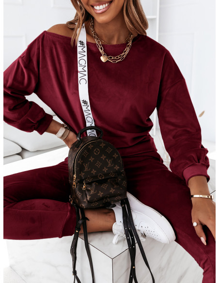 Welurowy dres bluza+spodnie z lampasem SARAH - bordowy