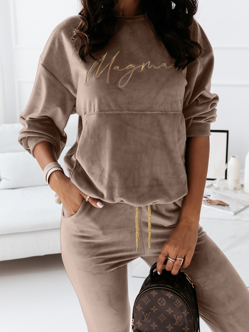 Welurowy dres spodnie + bluza BELLUS - ciemny beż