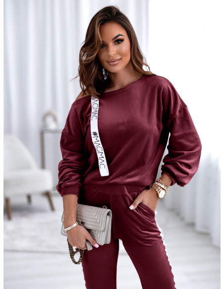 Welurowy dres bluza+spodnie z lampasem SARAH - bordowy
