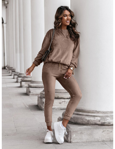 Welurowy dres spodnie + bluza BELLUS - ciemny beż