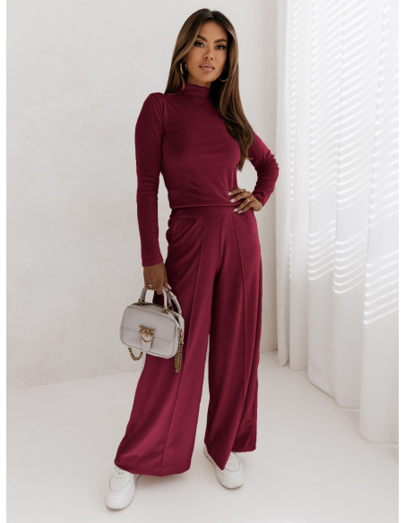 Welurowy dres szerokie z kantem spodnie + bluza CHIARA - bordowy