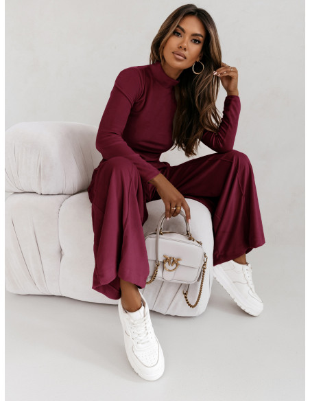 Welurowy dres z szerokimi spodniami z kantem + bluza CHIARA - bordowy