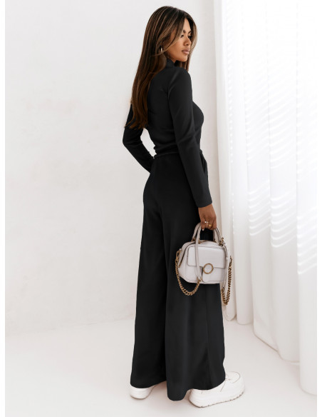 Welurowy dres z szerokimi spodniami z kantem + bluza CHIARA - czarny