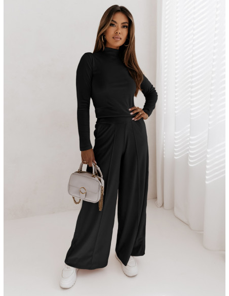 Welurowy dres z szerokimi spodniami z kantem + bluza CHIARA - czarny