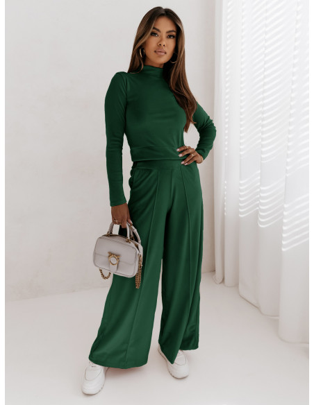 Welurowy dres z szerokimi spodniami z kantem + bluza CHIARA - butelkowa zieleń