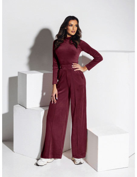 Welurowy dres z szerokimi spodniami z kantem + bluza CHIARA - bordowy