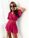 Stylowy komplet bluzka crop top i spodenki ARINA - fuksjowy