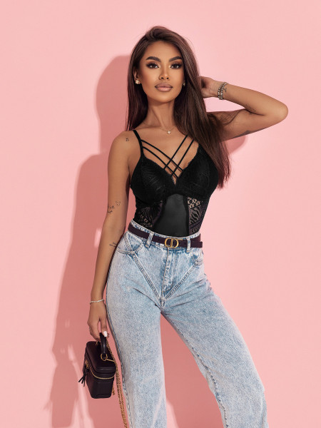 Modne koronkowe elastyczne body MADYLIN- czarne