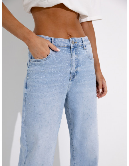 Jeansowe spodnie wide leg z cyrkoniami FADO - niebieskie