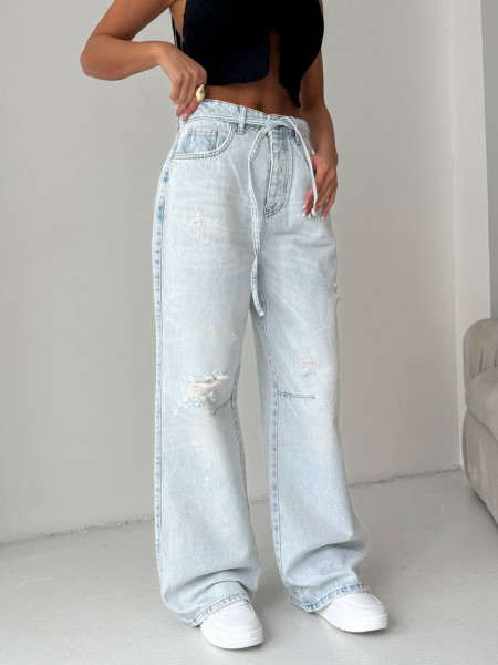 Szerokie jeansy z przetarciami ARLO - jasny jeans 2