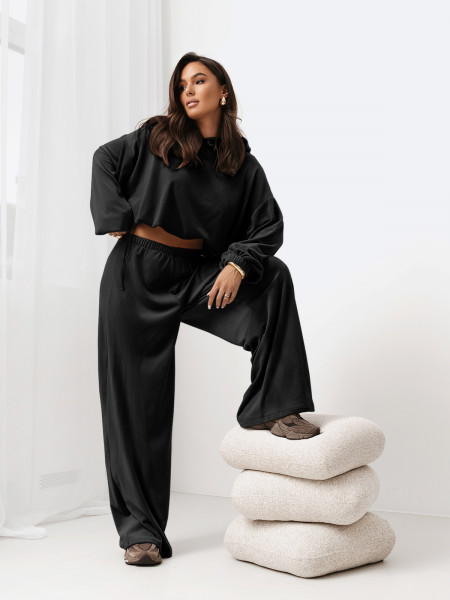 Welurowy dres bluza i szerokie spodnie TREVIS - czarny