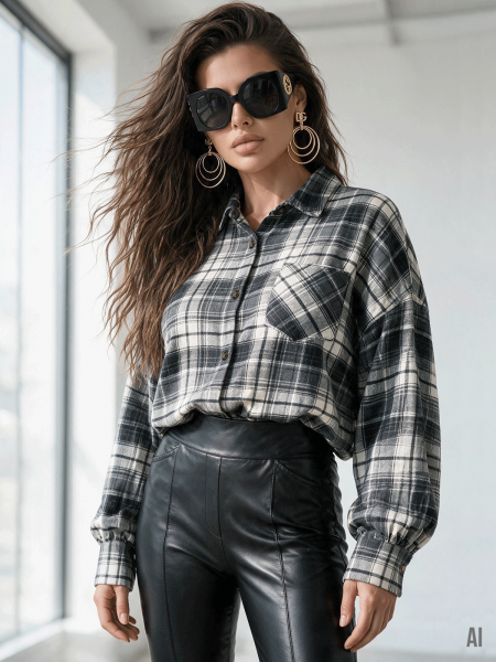 Oversizowa koszula w kratę z wiskozą ELORA - szara 2